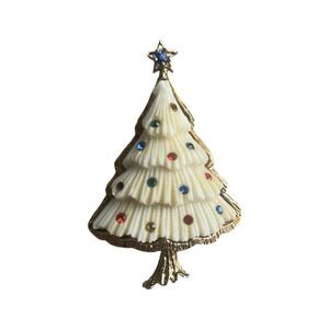 Vintage White Ivory Christmas Tree Brooch Gold Tone Multicolor Crystals Unsigned